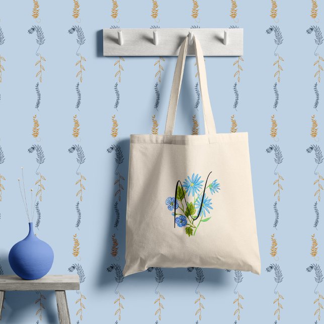 Tote Bag Fleur bleue à l'aquarelle avec votre initiale. (Créateur téléchargé)