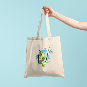 Tote Bag Fleur bleue aquarelle avec votre initiale 1 côté