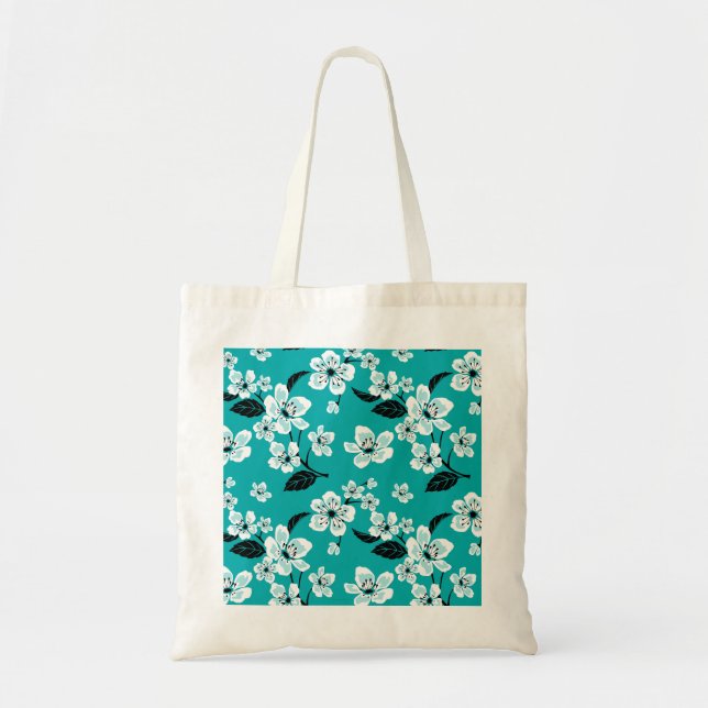 TOTE BAG FLEUR DE CERISIER - SAKURA (BLEU VERT) (Devant)