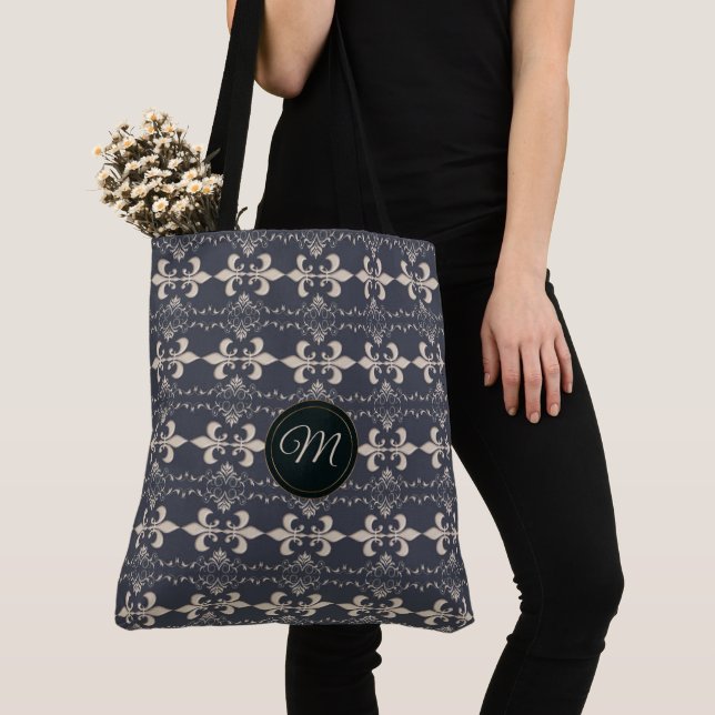 Tote Bag Fleur-De-lis marine royale pattern.monogram. (De près)