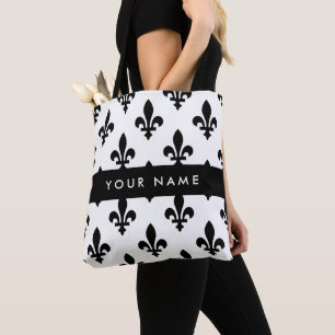 Tote Bag Fleur de Lis, Noir sur Blanc, Noir, Votre Nom