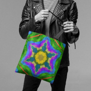 Tote Bag Fleur de Mandala jaune bleu et violet rétro
