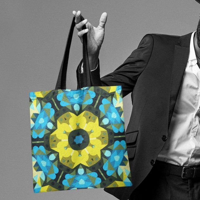 Tote Bag Fleur de Mandala rétro jaune et bleu (Créateur téléchargé)