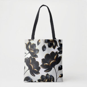 Tote Bag Fleur de Noir et Or Greige Élégant Sombre Humeur