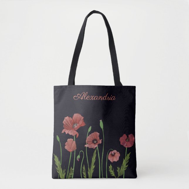 Tote Bag Fleur de pavot rouge au monogramme noir (Devant)