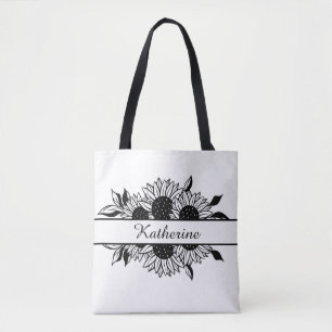 Tote Bag Fleur de trait floral dessin tournesol nom personn