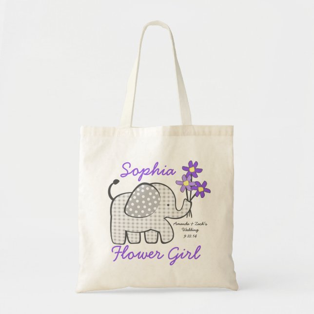 Tote Bag Fleur En vichy Eléphant avec Bouquet pourpre (Devant)