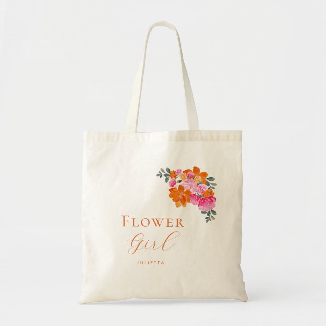 Tote Bag Fleur florale rose vif Fille Nom Mariage (Devant)