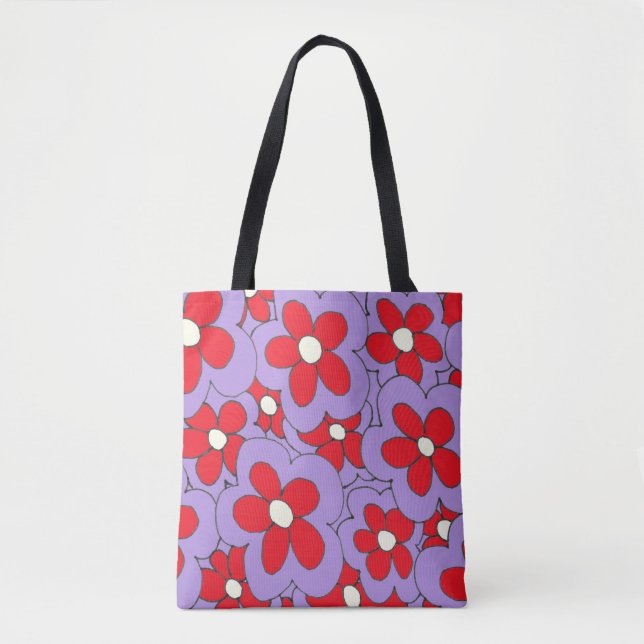 Tote Bag Fleur imprimé à la main rouge violet (Devant)