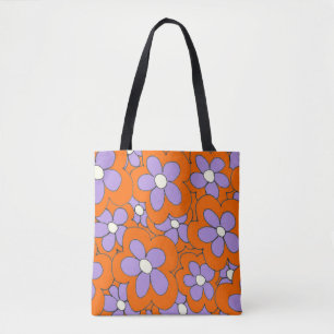 Tote Bag Fleur imprimé à main orange violet