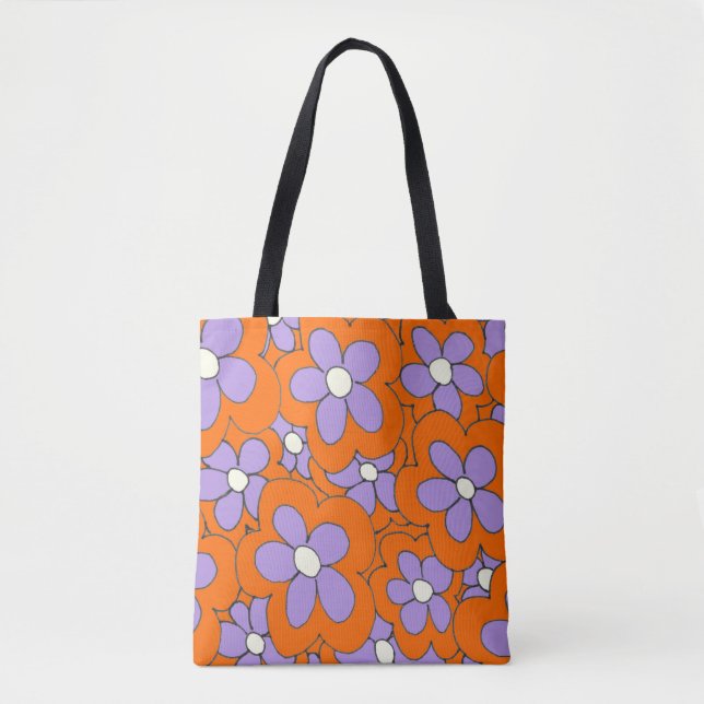 Tote Bag Fleur imprimé à main orange violet (Devant)