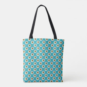 Tote Bag Fleur imprimé marguerite sur turquoise