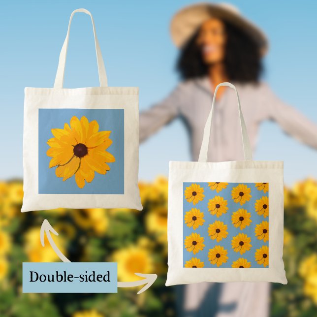 Tote Bag Fleur jaune avec Arrière - plan bleu (Beautiful yellow flowers from my real nature photography make this fall tote one of a kind!)
