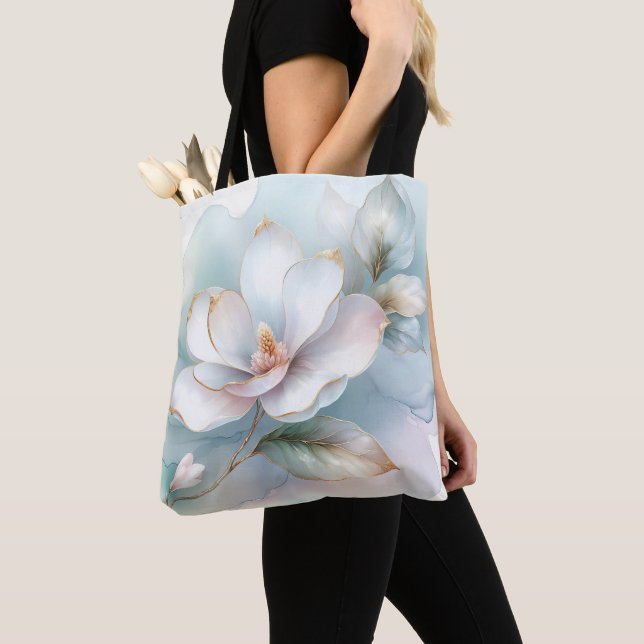 Tote Bag Fleur Magnolia Blanche À Bord Doré (De près)