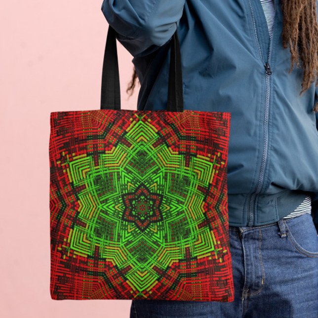 Tote Bag Fleur Mandala de tissage rouge et vert (Créateur téléchargé)