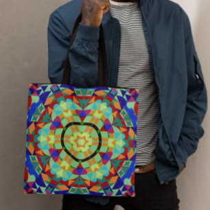 Tote Bag Fleur Mandala rétro orange rouge et bleu
