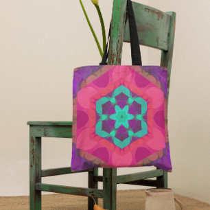 Tote Bag Fleur Mandala rose bleu et violet rétro