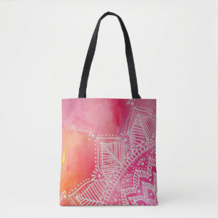 Tote Bag Fleur Mandala sur arrière - plan aquarelle - rose
