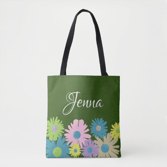 Tote Bag Fleur personnalisée marguerite rose bleu vert (Devant)