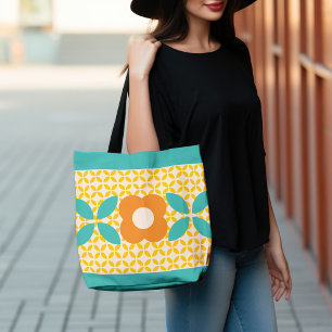 Tote Bag Fleur Rétro, Geo Motif Orange, Turquoise, Rose