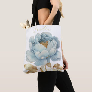 Tote Bag Fleur romantique bleue et dorée