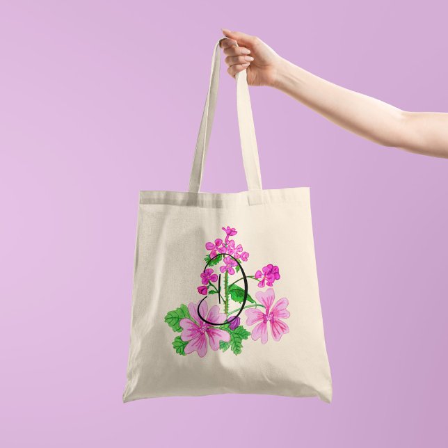 Tote Bag Fleur rose aquarelle avec votre initiale 1 côté (Créateur téléchargé)