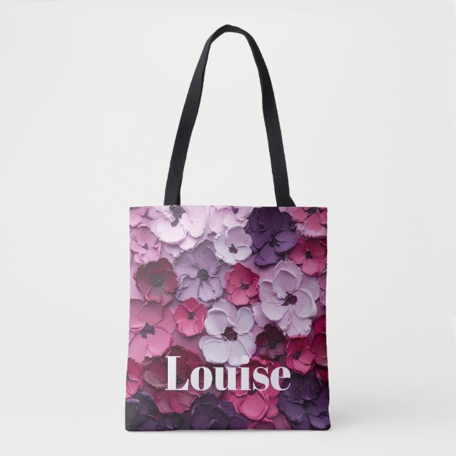 Tote Bag Fleur rose et violet Design avec nom individuel (Devant)