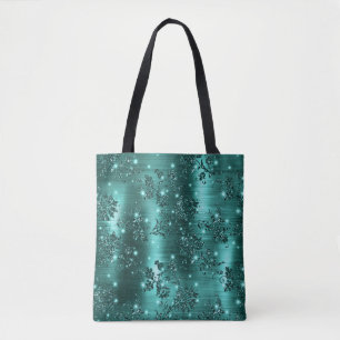Tote Bag Fleur stylée sarcelle pailletée et brillante avec 