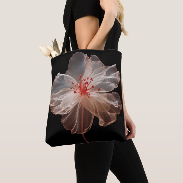 Tote Bag Fleur translucide élégante sur le noir (De près)
