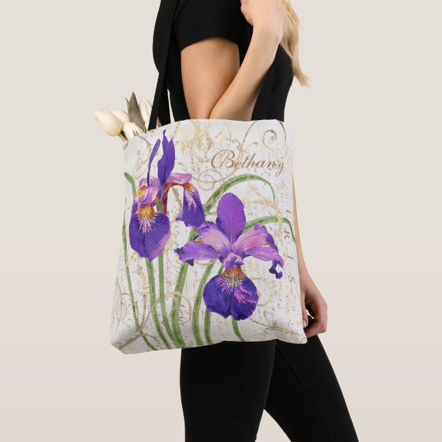 Tote Bag fleuri violet Iris Gold Damask Monogramme Nom (De près)