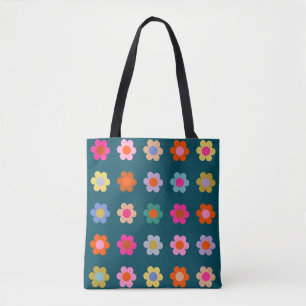 Tote Bag Fleurs Abstraites colorées Marine Bleu Retro Flora