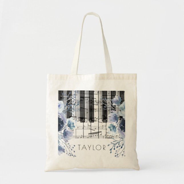 Tote Bag fleurs aquarelles bleu poussiéreux piano (Devant)