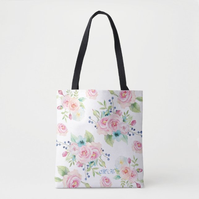 Tote Bag Fleurs aquarelles peintes à la main Monogramme per (Devant)