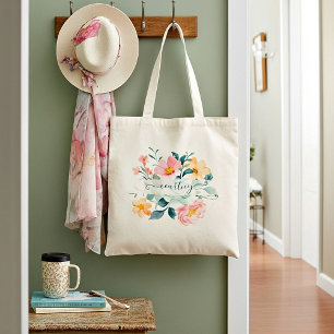 Tote Bag Fleurs aquarelles rose et orange personnalisées