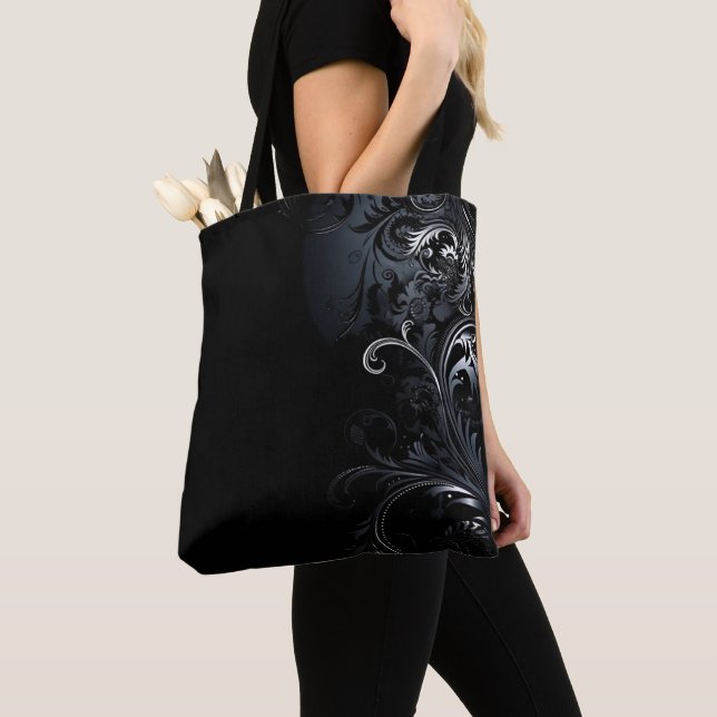 Tote Bag Fleurs blanches noires modernes et élégantes (De près)