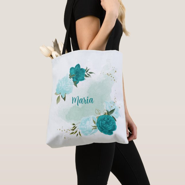 Tote Bag fleurs bleu clair turquoise (De près)