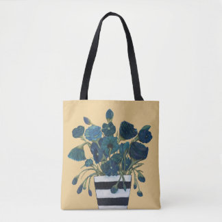 Tote Bag Fleurs bleues avec des beaux-arts rayés de vase