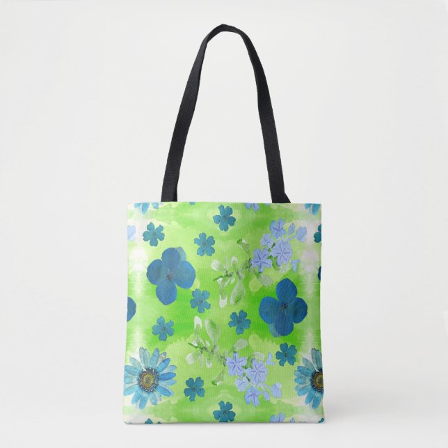 Tote Bag Fleurs bleues en vert citron (Devant)