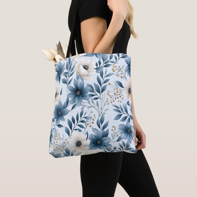 Tote Bag Fleurs bleues et beiges (De près)