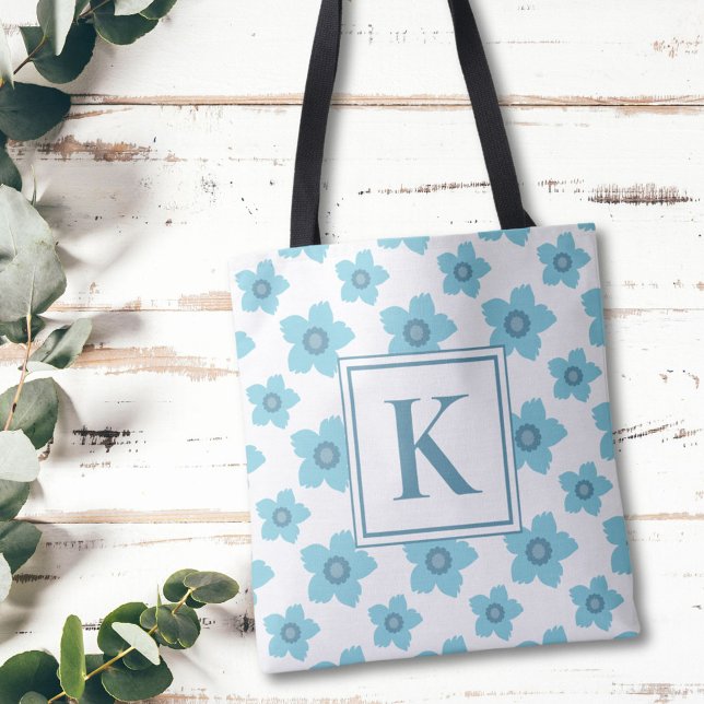 Tote Bag Fleurs bleues Monogramme initial (Créateur téléchargé)