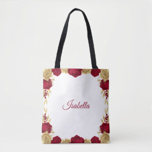 Tote Bag fleurs bordeaux et feuilles dorées blanches