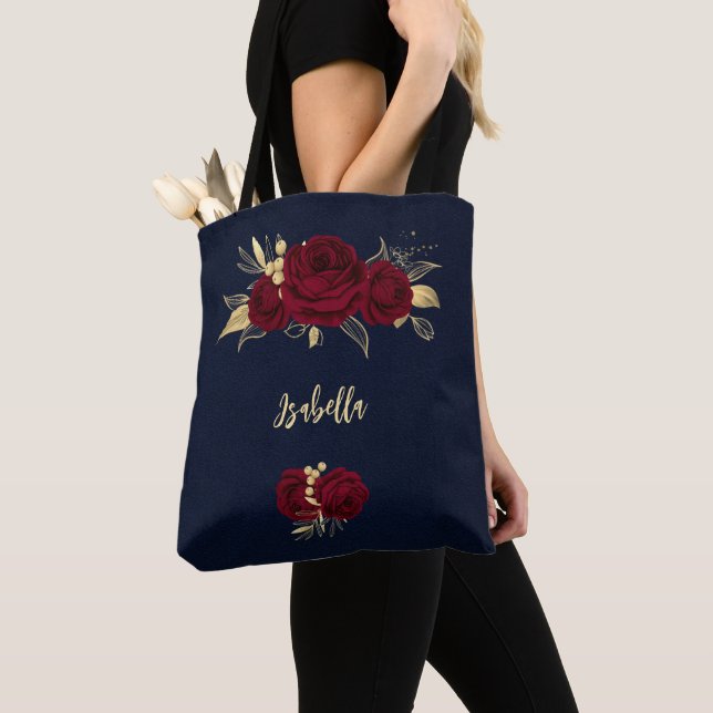 Tote Bag fleurs bordeaux or marine feuille (De près)