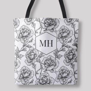 Tote Bag Fleurs botaniques élégantes à motif floral monogra