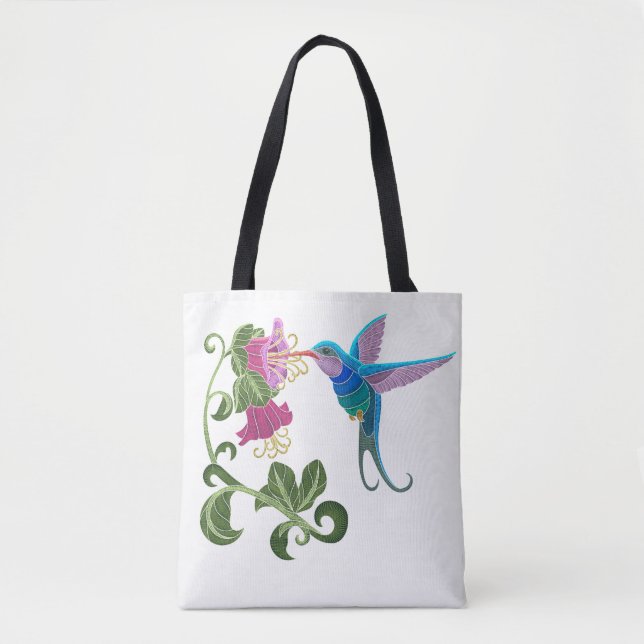 Tote Bag Fleurs brodées de colibri et de ketmie (Devant)