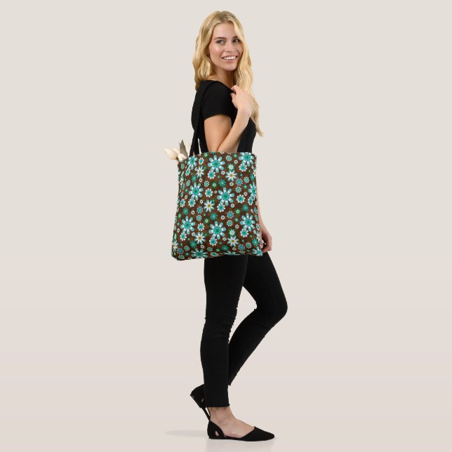 Tote Bag Fleurs Brown et bleues Retro (Sur le modèle)