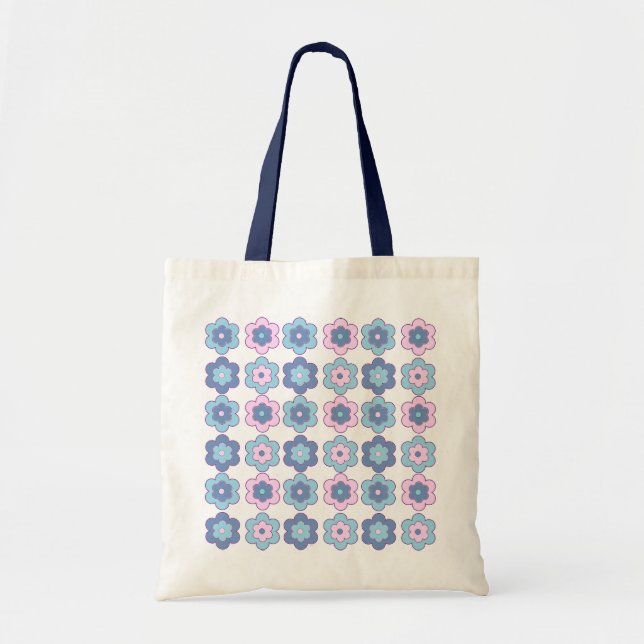 Tote Bag Fleurs Bulles Rétro (Rose et Bleu) Motif (Devant)