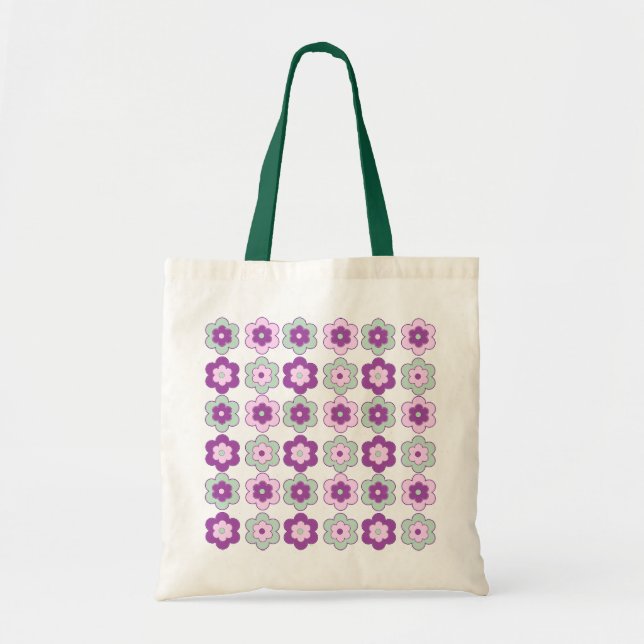 Tote Bag Fleurs Bulles Rétro (Violet et Vert) Motif (Devant)