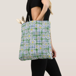 Tote Bag Fleurs chamomiles blanches sur à damiers bleu vert