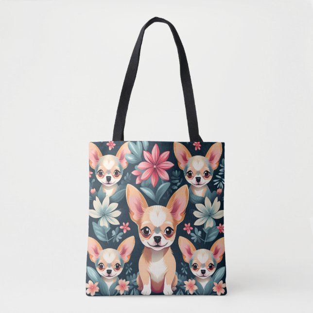Tote Bag Fleurs Chihuahua Pet (Devant)