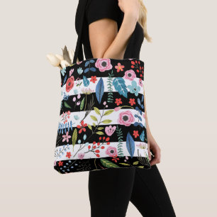 Tote Bag Fleurs colorées au-dessus de bandes noires et bla